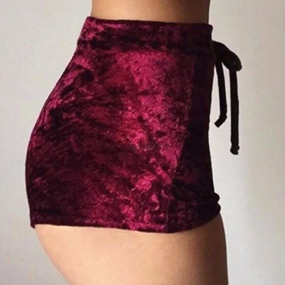 Burgundy Velvet Velour High Rise Shorts - Picture 3 of 6